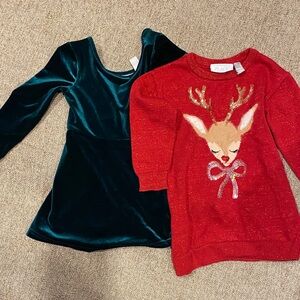Red Reindeer Sweater Dress and Green Velvet Dress Set